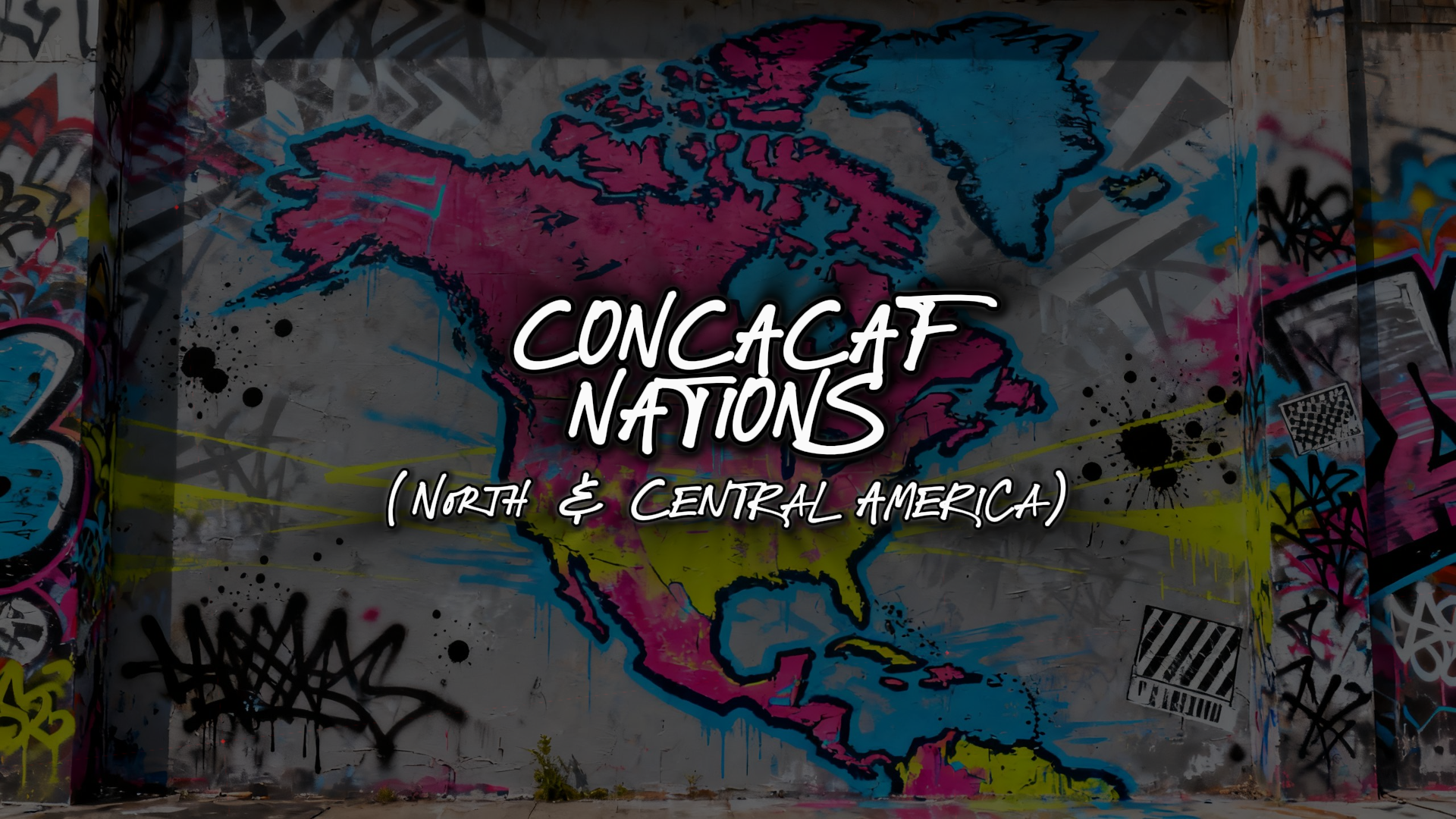 Graffiti-style map of North and Central America with 'CONCACAF' text on a colorful background.
