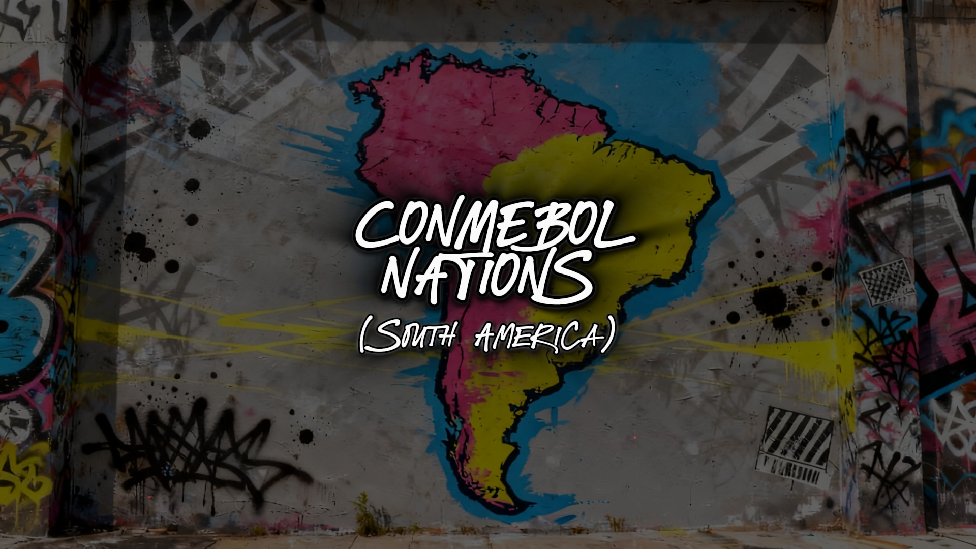 Graffiti art of South America on a wall with 'Conmebol Nations (South America)' text.