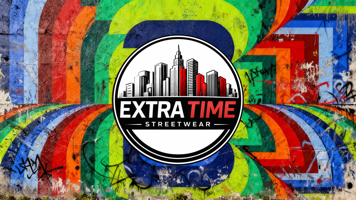 Colorful graffiti-style background with Extra Time Streetwear logo