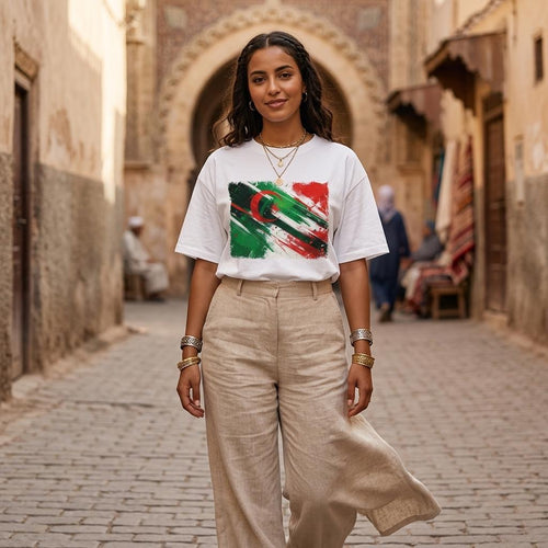 Algeria Les Fennecs Light. Woman wearing a white t-shirt with a green and red design in an alleyway.