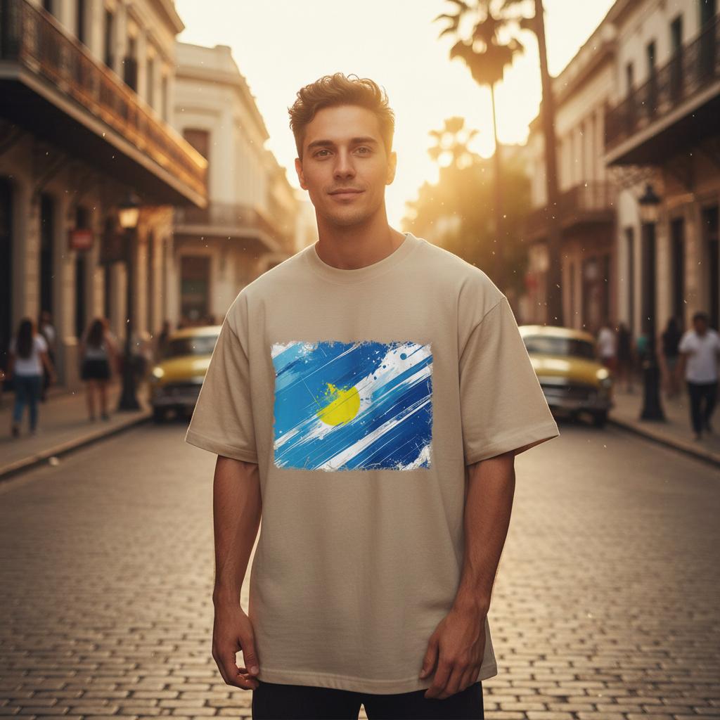 Argentina Albiceleste Sand Mode. Man wearing a beige t-shirt with a colorful graphic on a street scene