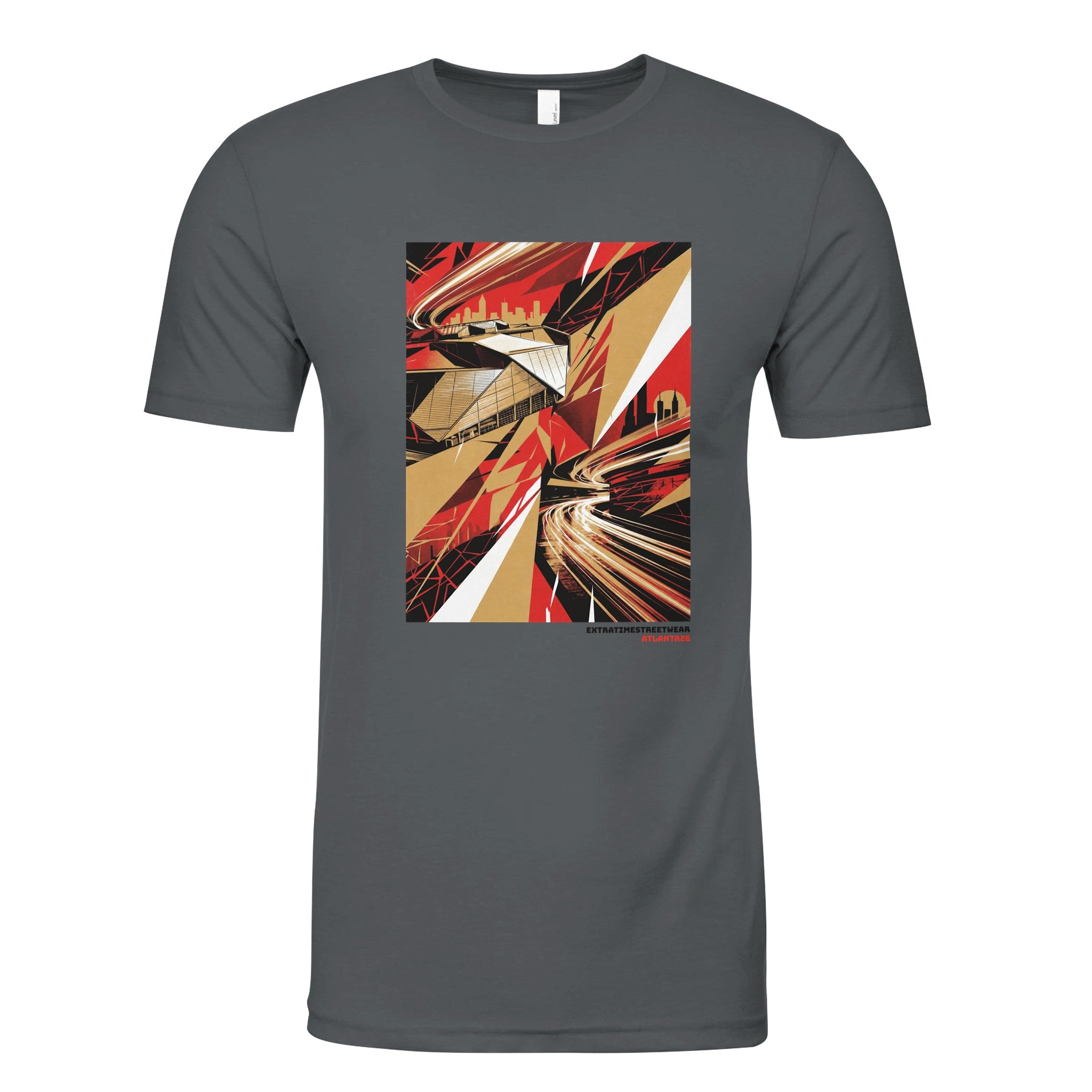 Gray t-shirt with a colorful abstract design on a white background