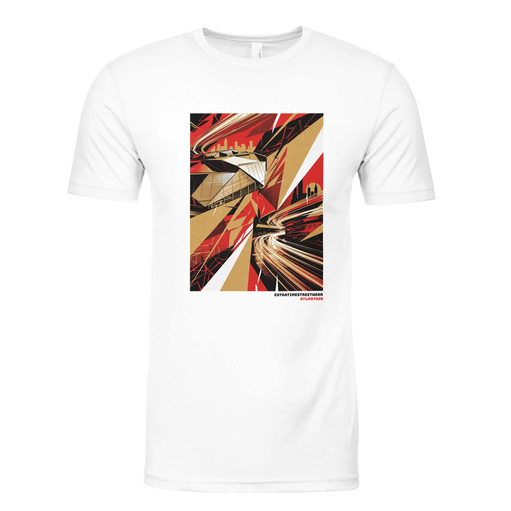 White t-shirt with a graphic design of a stadium on a white background