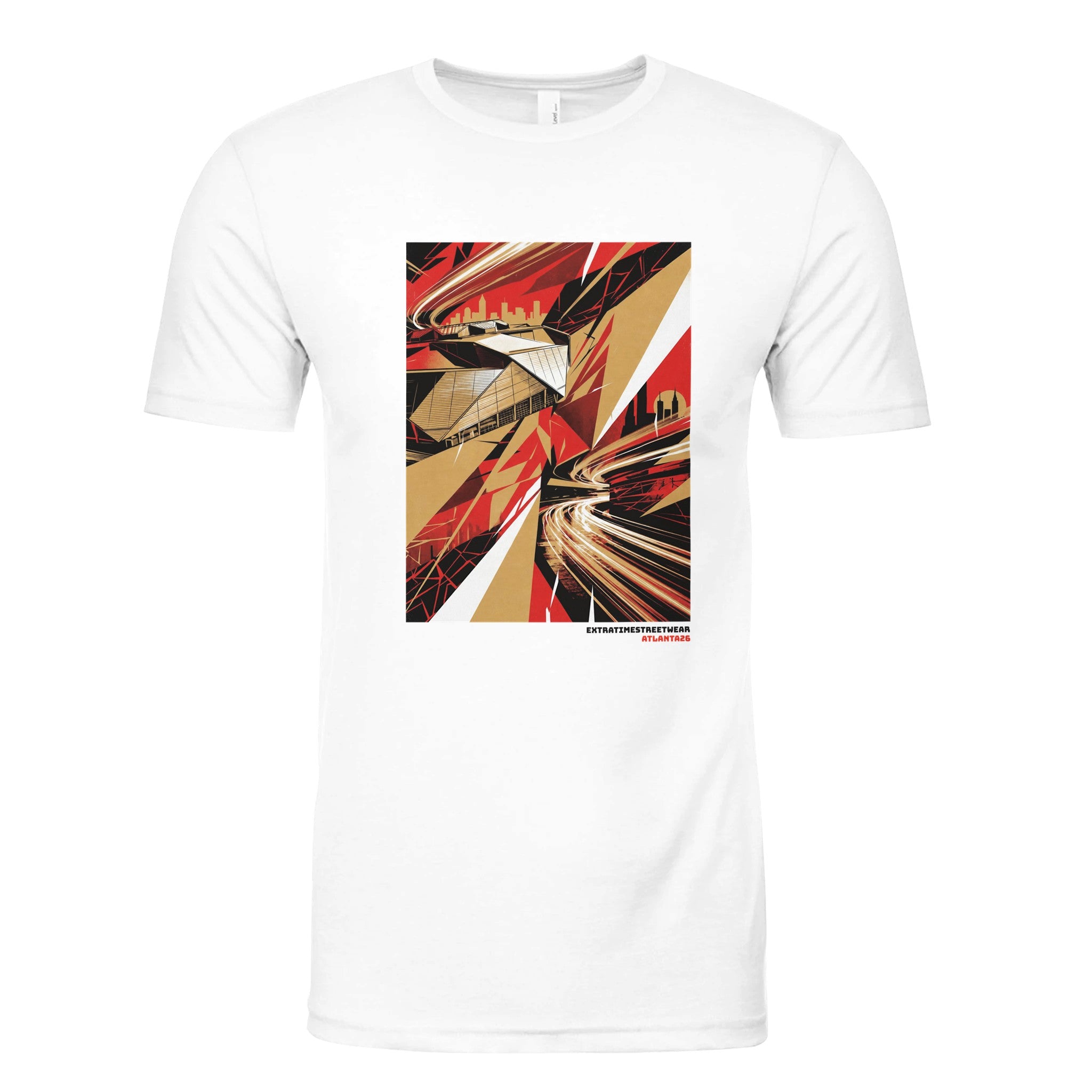 White t-shirt with a graphic design of a stadium on a white background