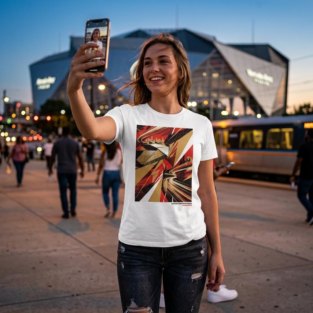 Woman taking a selfie in a city street wearing a white t-shirt with a colorful design.