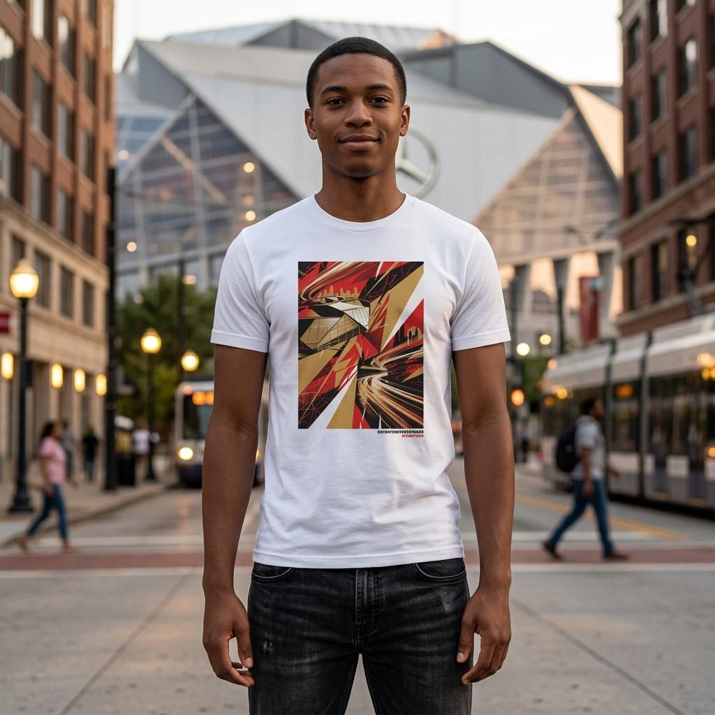 Man wearing a white t-shirt with a colorful abstract design on a city street.