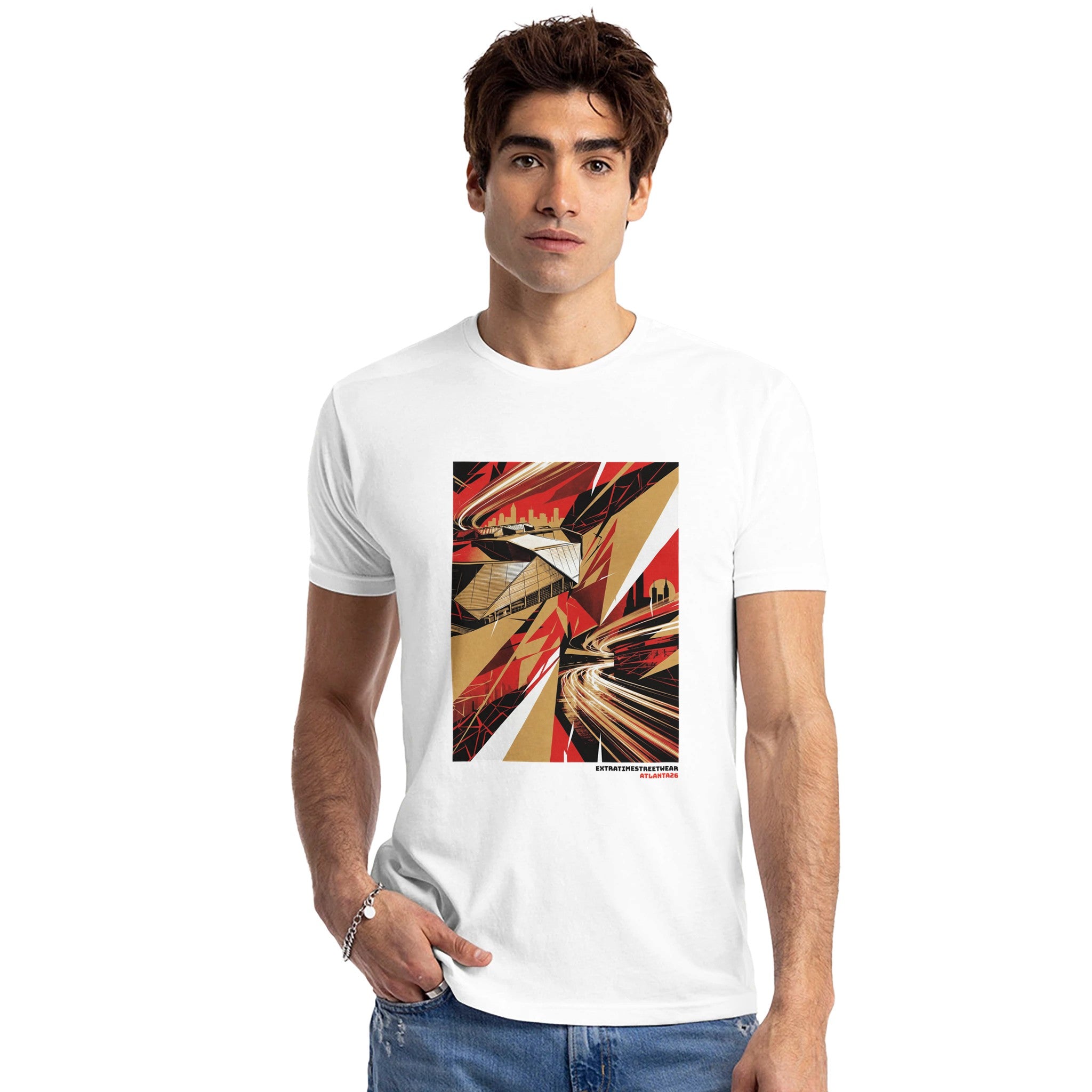 Man wearing white shirt with design. 