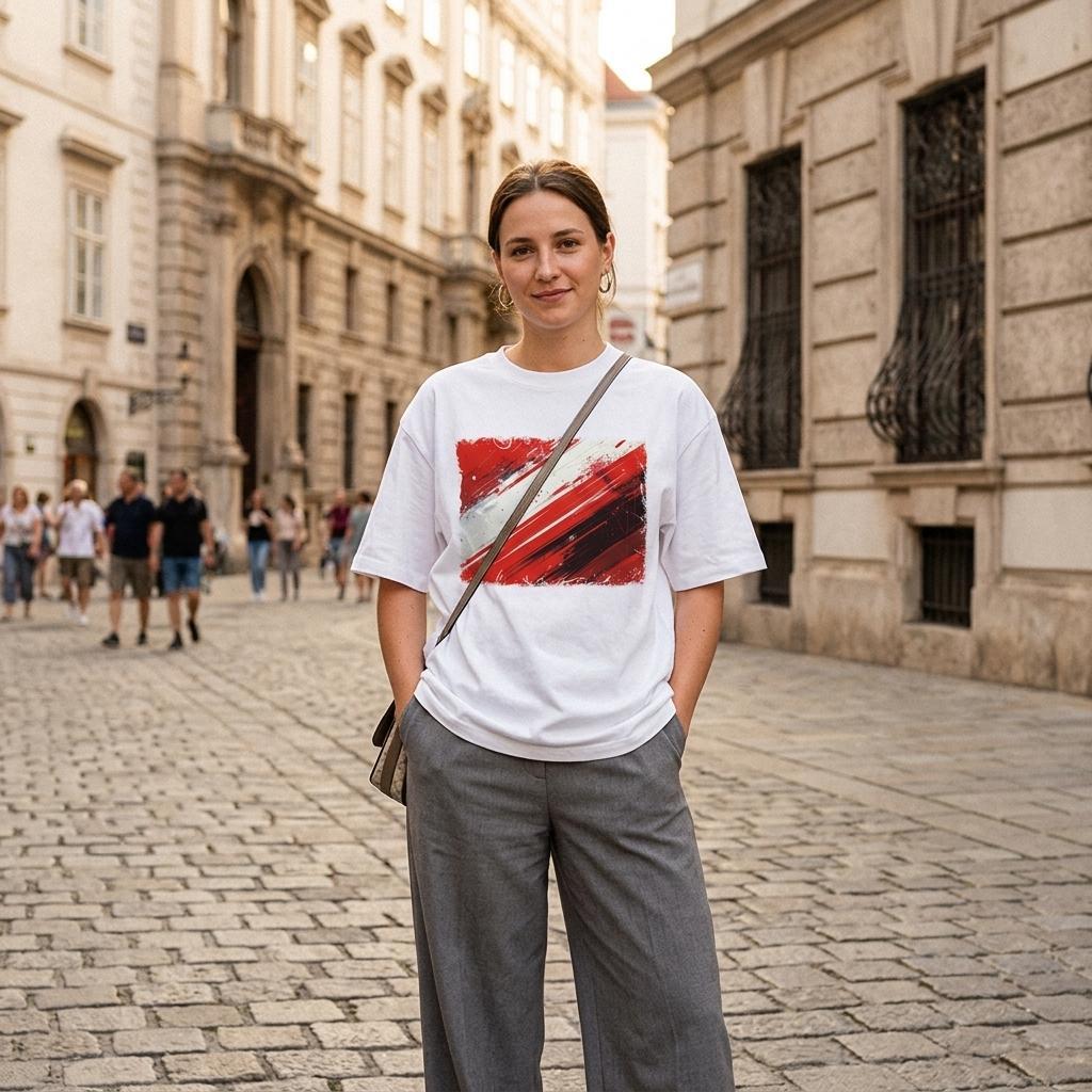 Austria Das Team Light. Woman wearing a white t-shirt with a red graphic design on a city street.