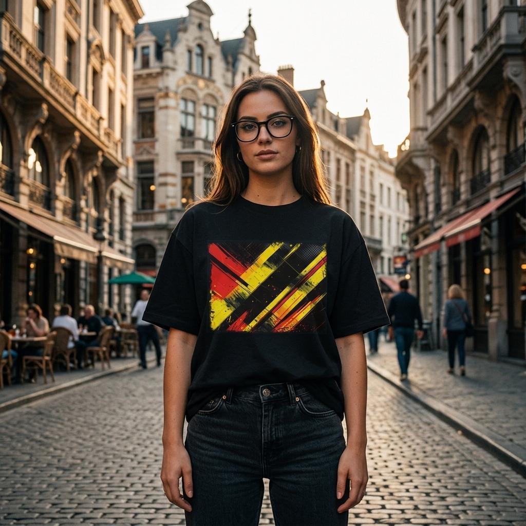 Belgium Red Devils Dark. Woman wearing a black t-shirt with a colorful design on a city street.