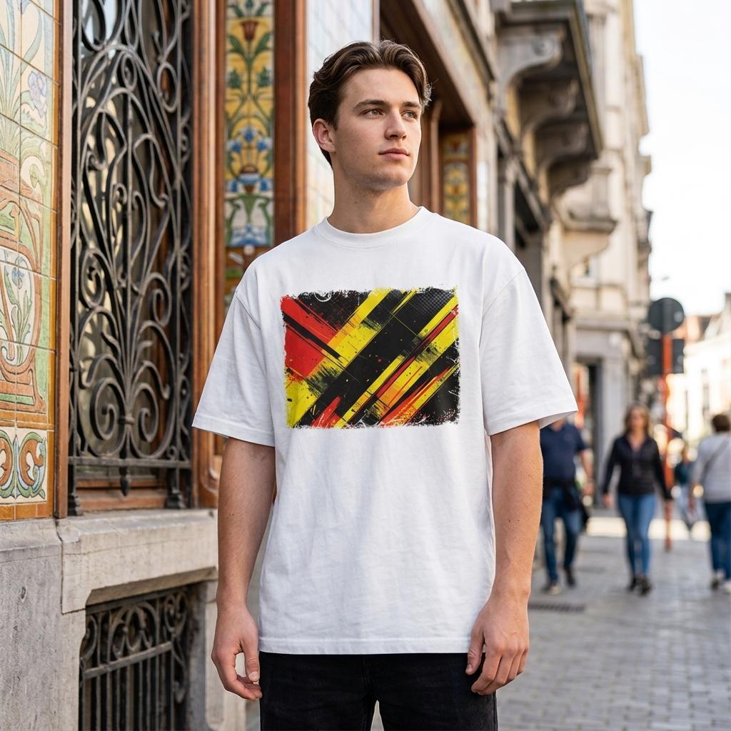 Belgium Red Devils Light. Man wearing a white t-shirt with a colorful abstract design on a street.