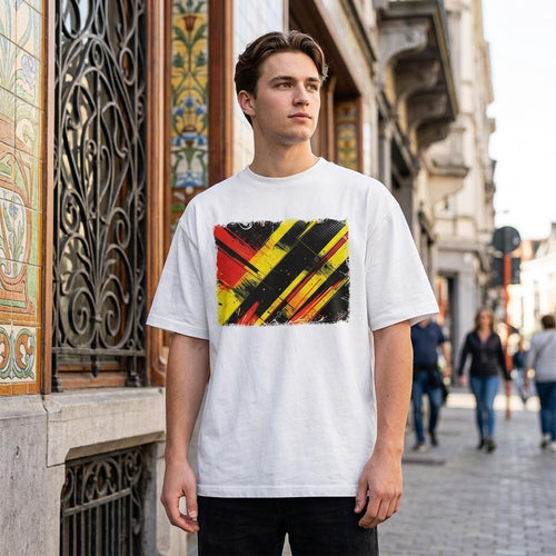 Belgium Red Devils Light. Man wearing a white t-shirt with a colorful abstract design on a street.