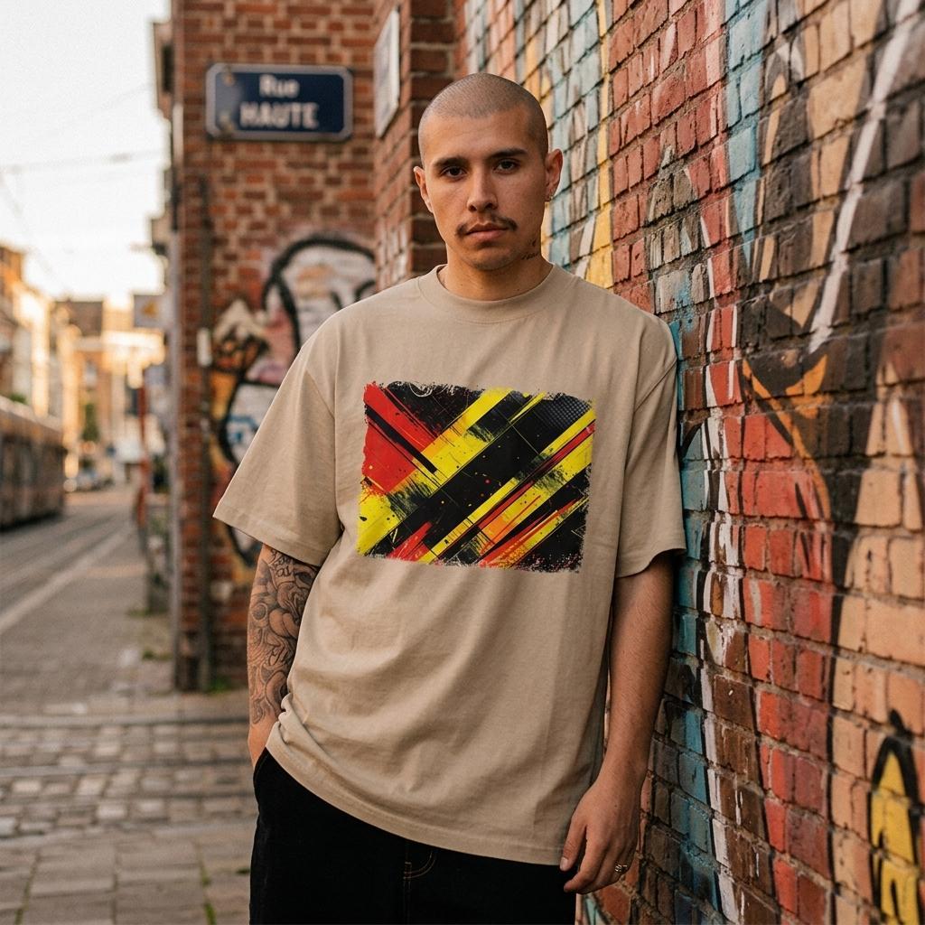 Belgium Red Devils Sand. Man wearing a beige t-shirt with a colorful abstract design, leaning against a graffiti-covered wall.