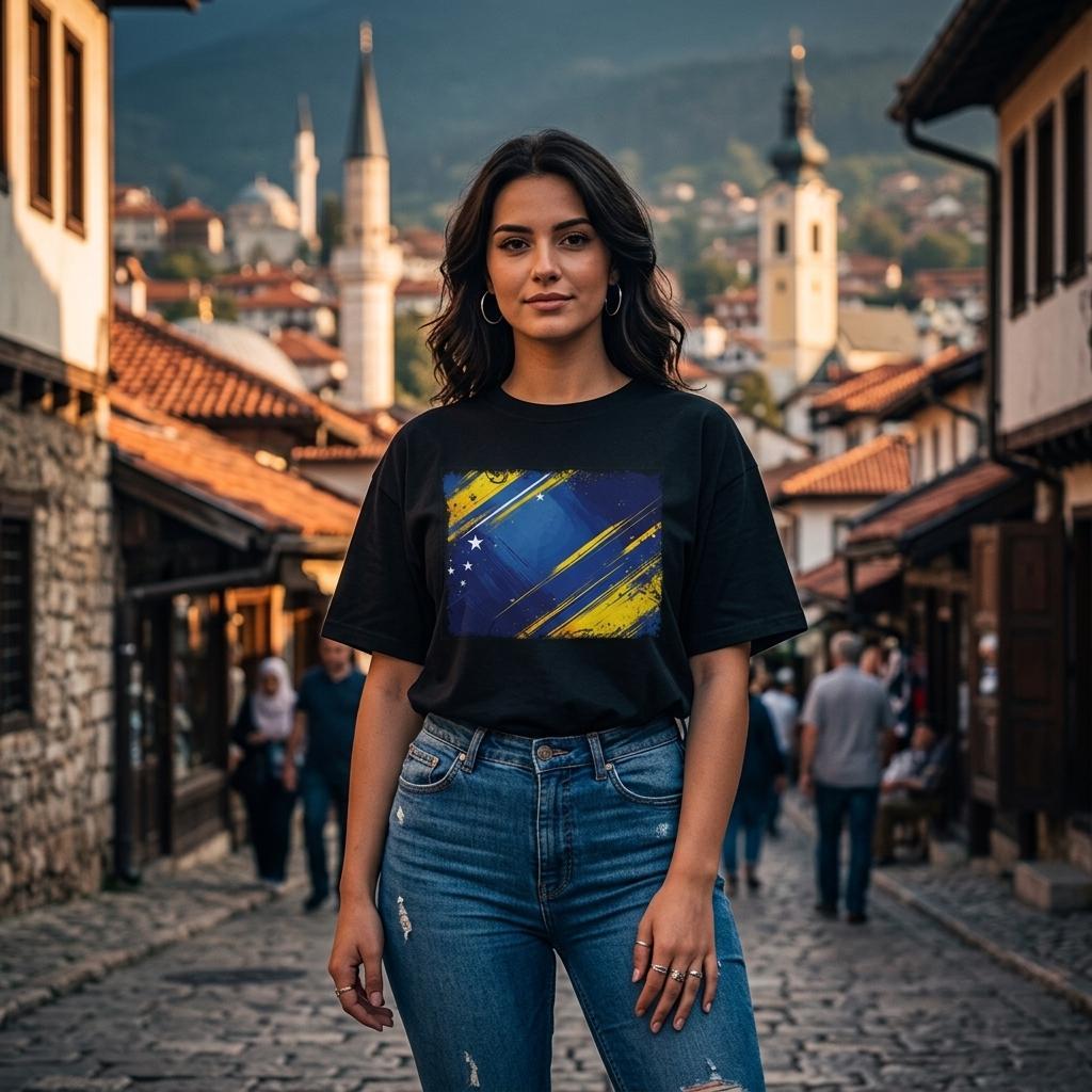 Bosnia and Herzegovina Dragons Dark. Woman wearing a black t-shirt with a colorful design in an old town setting