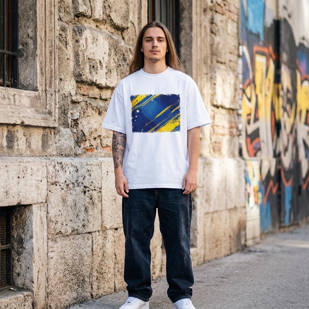Bosnia and Herzegovina Dragons Light. Man wearing a white t-shirt with a colorful design, standing in front of a stone wall with graffiti.