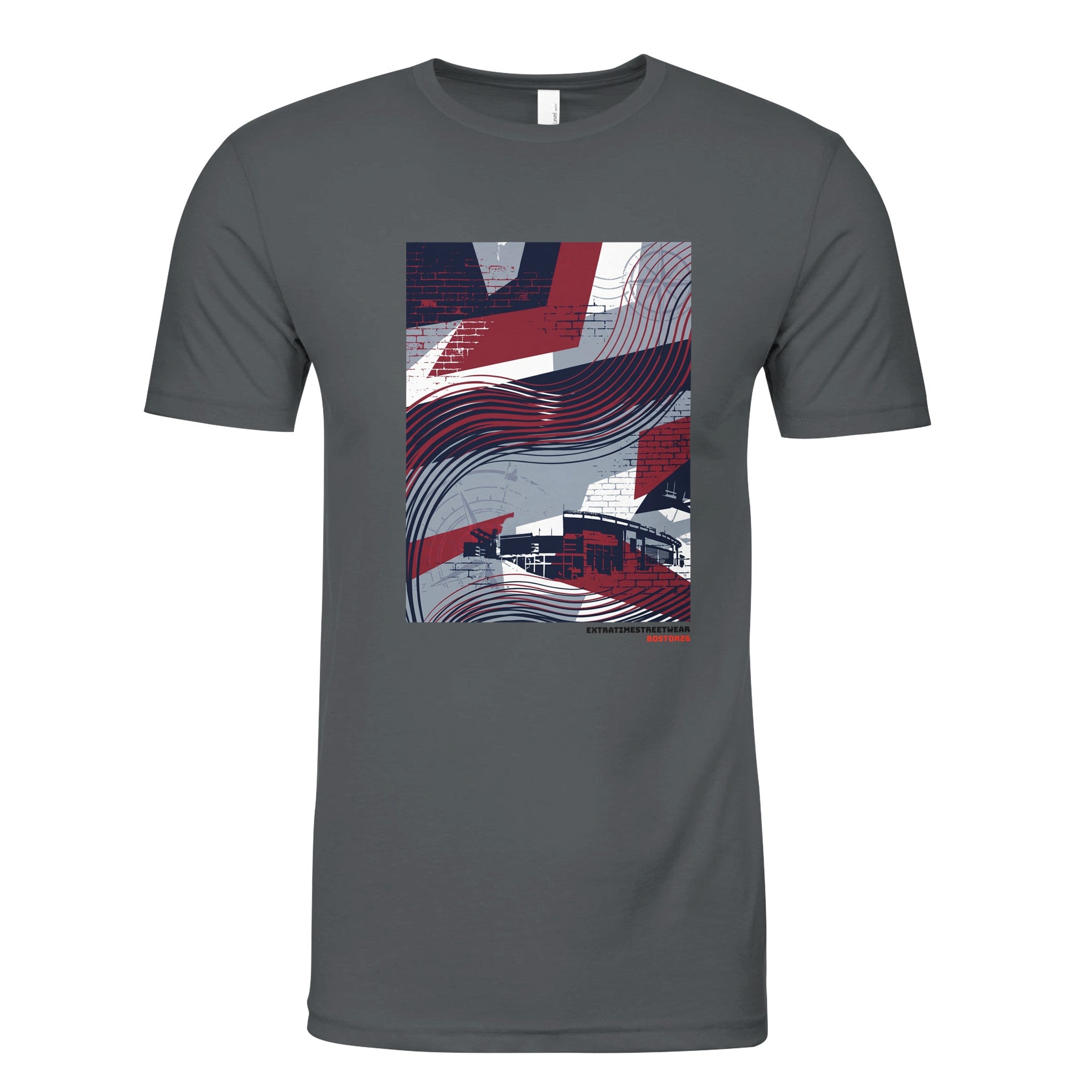 Gray t-shirt with a geometric pattern in red, white, and blue on a white background