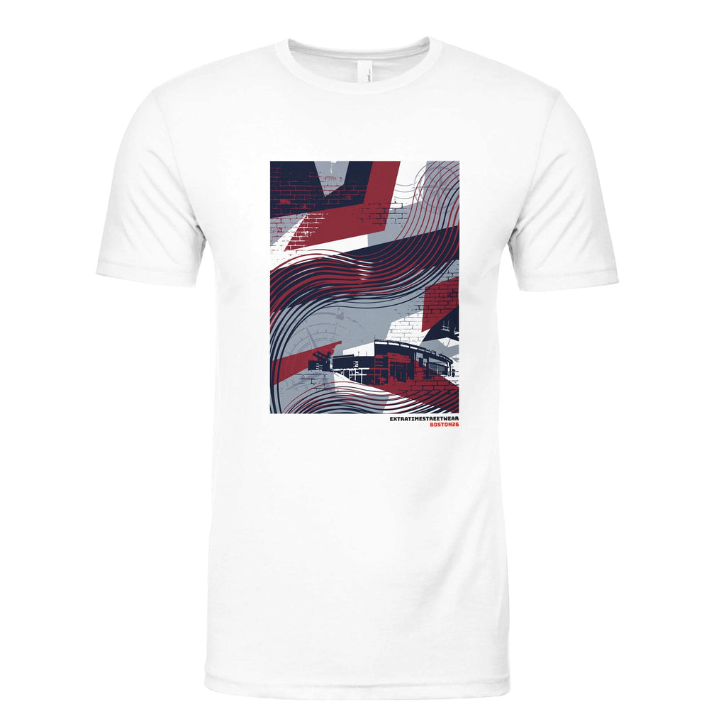 White t-shirt with a geometric design featuring red, blue, and gray colors on a white background.