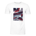 White t-shirt with a geometric design featuring red, blue, and gray colors on a white background.