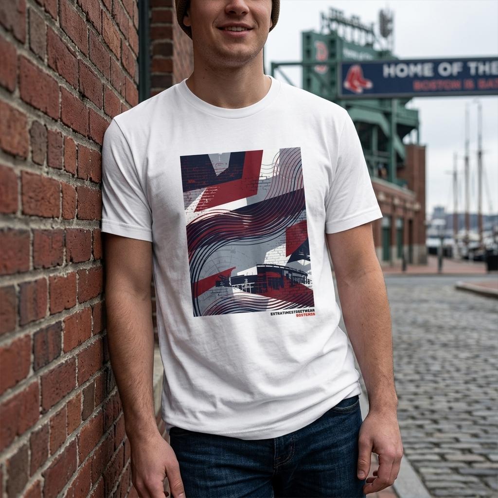 Person wearing a white t-shirt with a graphic design, standing against a brick wall with a stadium in the background.