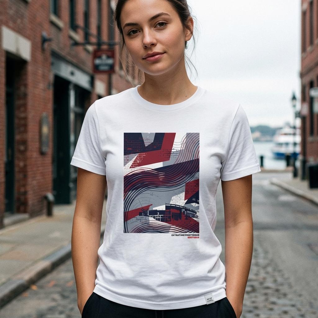 Woman wearing a white t-shirt with a graphic design on a city street