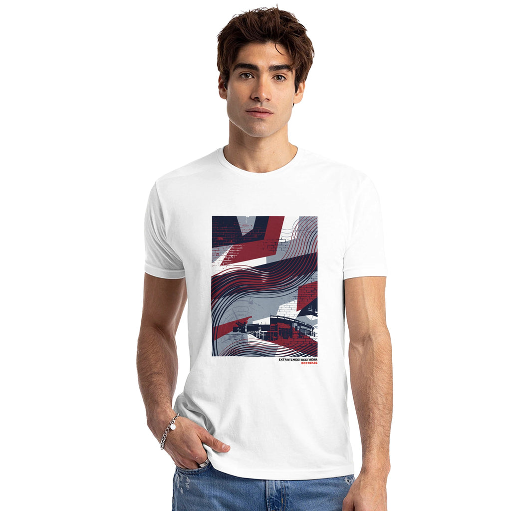 Man wearing a white t-shirt with a colorful graphic design on a white background