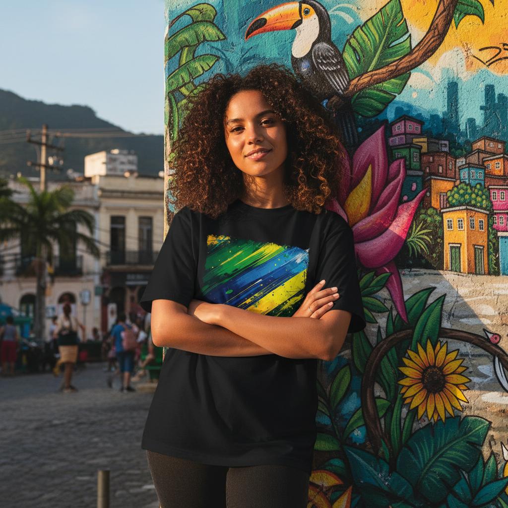 Brazil Selecao Dark Mode. Woman standing in front of a colorful mural with a toucan and cityscape.