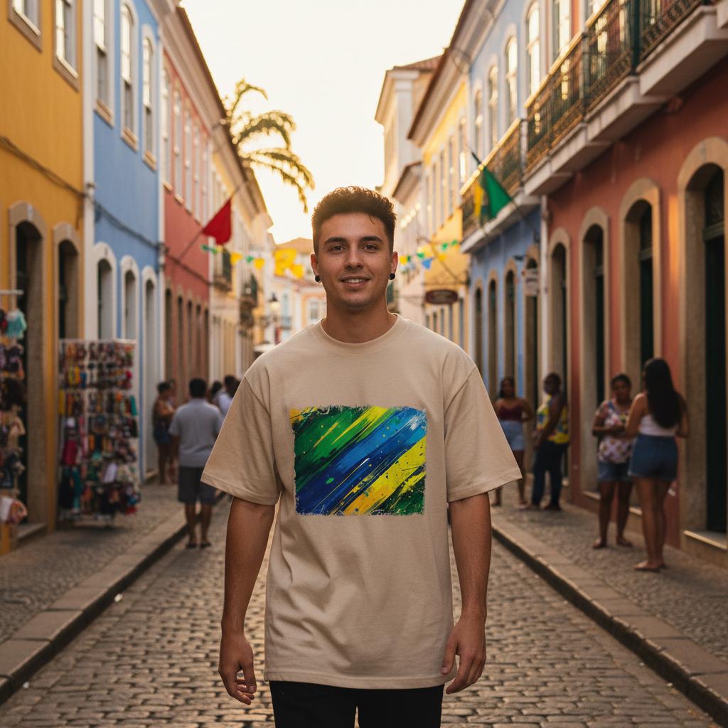 Brazil Selecao Sand Mode. Man wearing a beige t-shirt with a colorful design in a vibrant street scene.