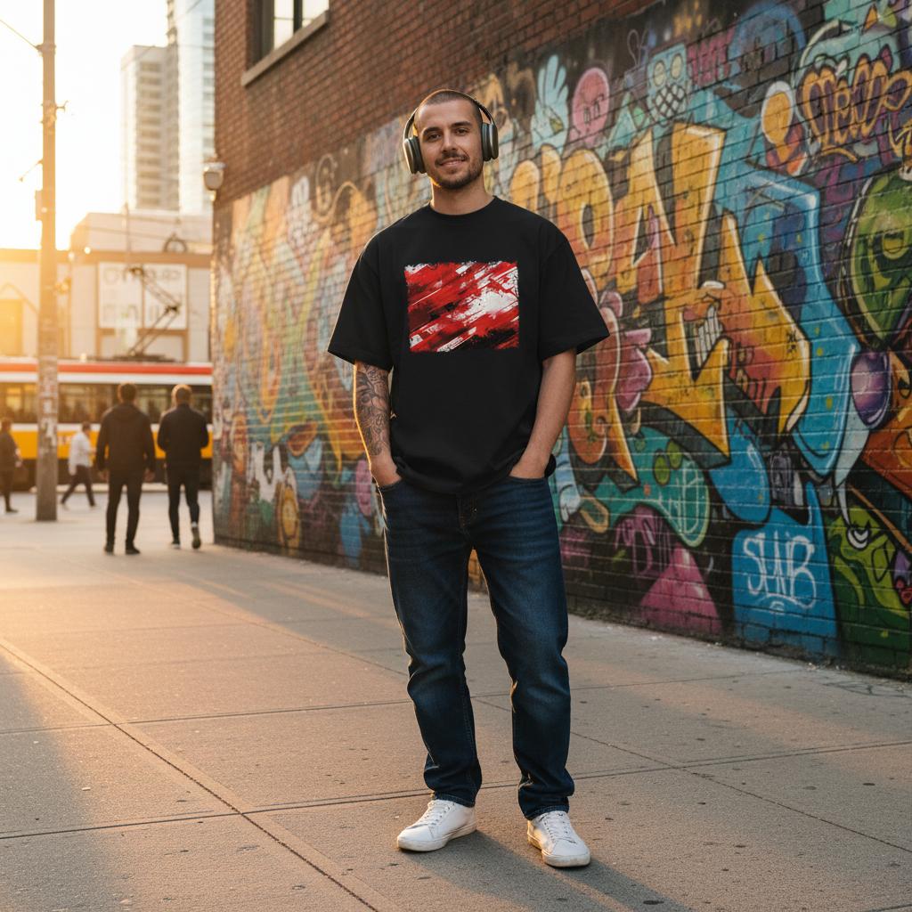 Canada Les Rouges Dark. Man standing in front of a colorful graffiti wall on a city street.