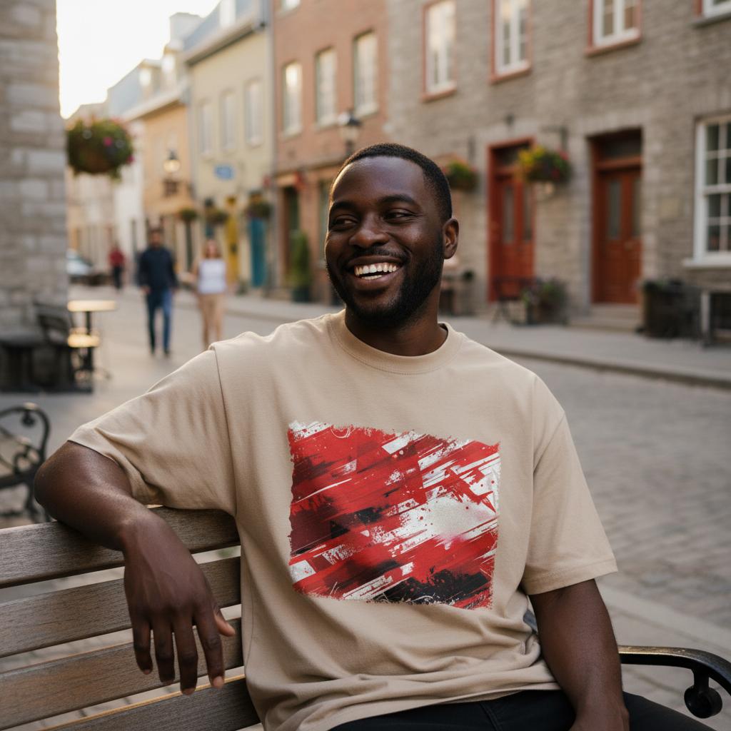 Canada Les Rouges Sand. Man sitting on a bench wearing a beige t-shirt with a red graphic design, smiling in an urban setting.