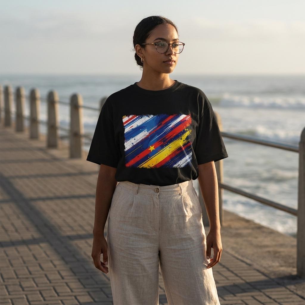 Cape Verde Tubaroes Azules Dark. Person wearing a black t-shirt with a colorful design by the ocean.