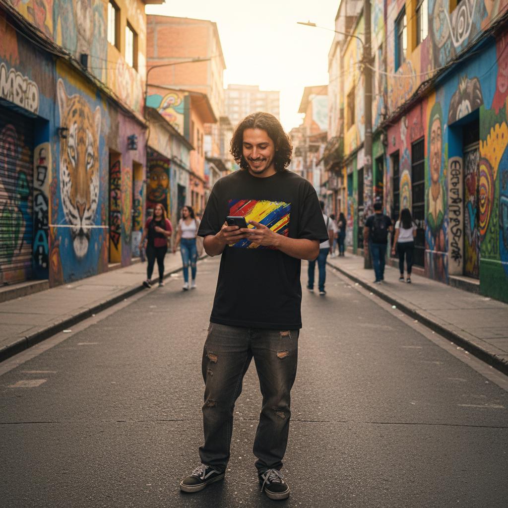 Man looking at his phone in the middle of a street.