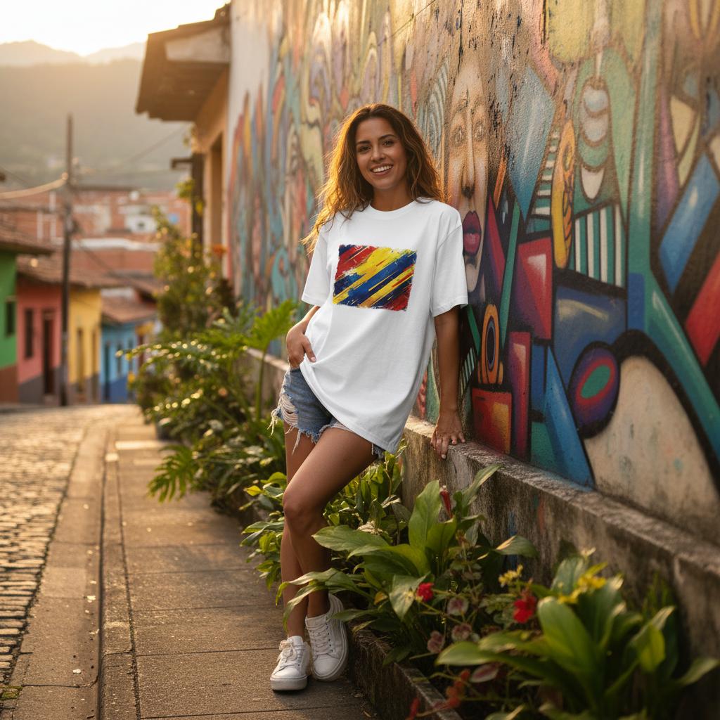 Woman standing against a wall in a colorful street. 