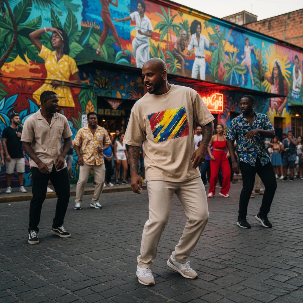 Dancing man with a group behind in a colorful street.