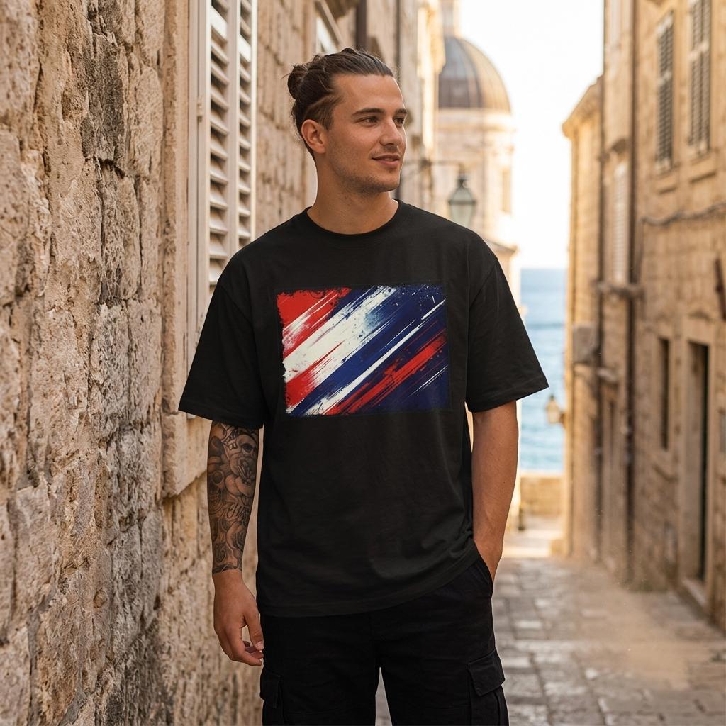 Croatia Vatreni Dark. Man wearing a black t-shirt with a red, white, and blue design in an alleyway.