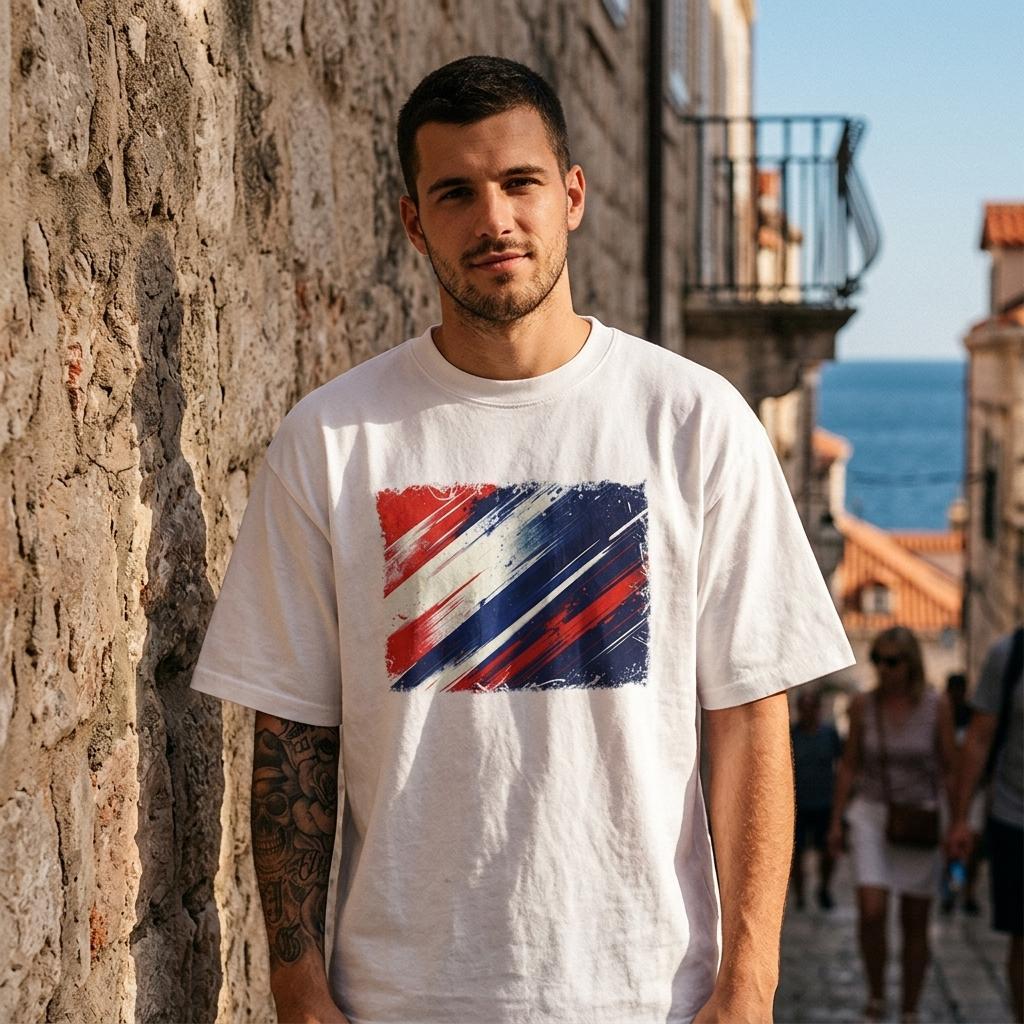 Croatia Vatreni Light. Man wearing a white t-shirt with a red and blue design, standing against a stone wall with a scenic background.