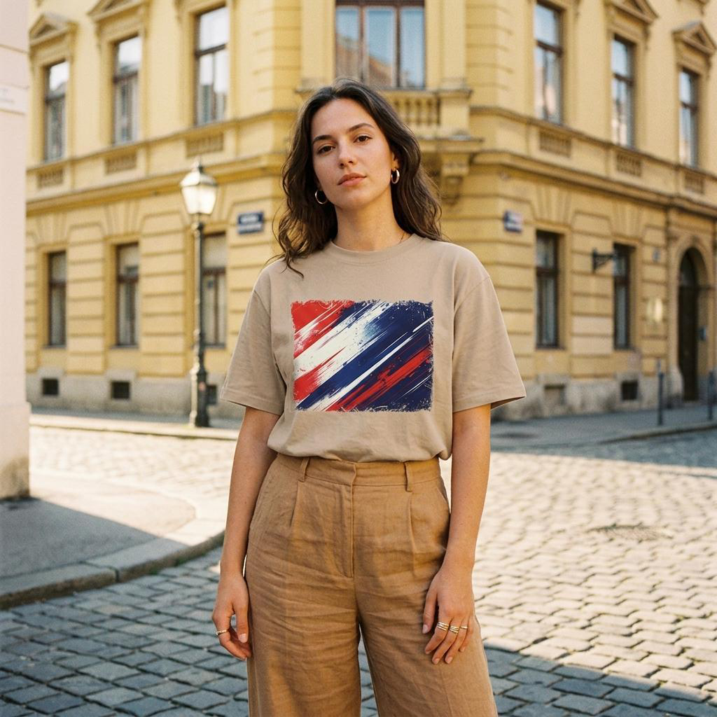 Croatia Vatreni Sand. Woman wearing a beige t-shirt with a colorful design on a street in an urban setting.