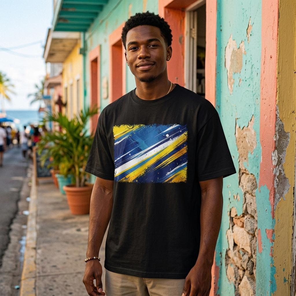Curacao The Blue Wave Dark. Man wearing a black t-shirt with a colorful design standing in front of a colorful building.