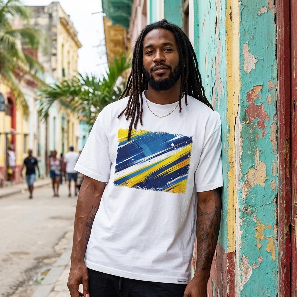 Curacao The Blue Wave Light. Man wearing a white t-shirt with a colorful design, standing in front of a weathered building.