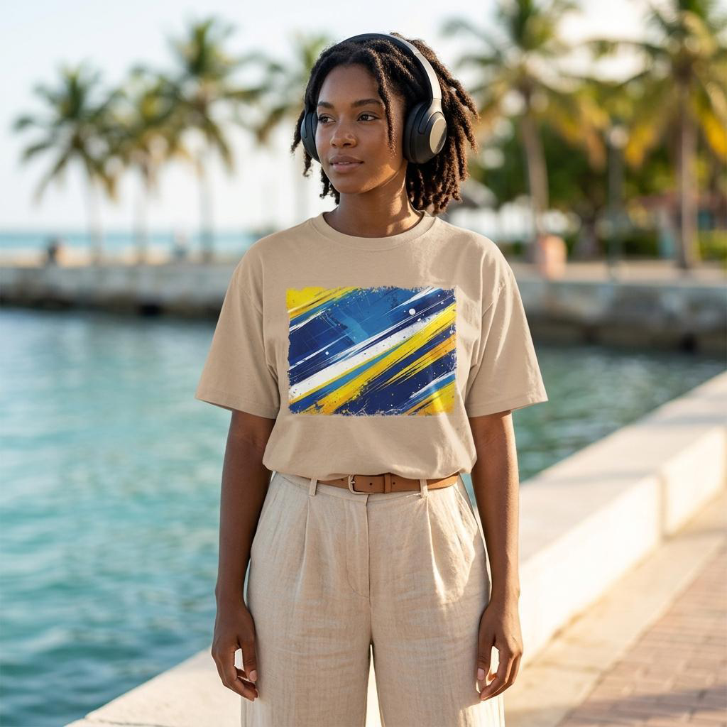 Curacao The Blue Wave Sand. Woman wearing headphones, standing on beachfront pier with palm trees in the background. 