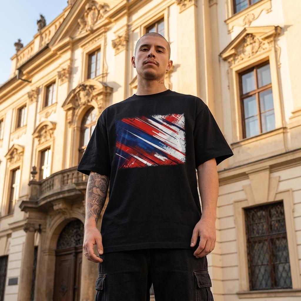 Czech Republic Dark. Man wearing a black t-shirt with a colorful graphic design in front of an ornate building.