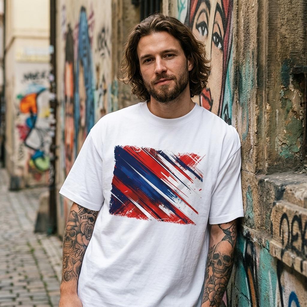 Czech Republic Light. Man wearing a white t-shirt with a colorful abstract design in an alleyway with graffiti.