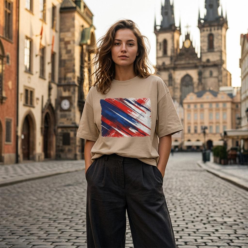 Czech Republic Sand. Woman wearing a beige t-shirt with a colorful design in an urban setting