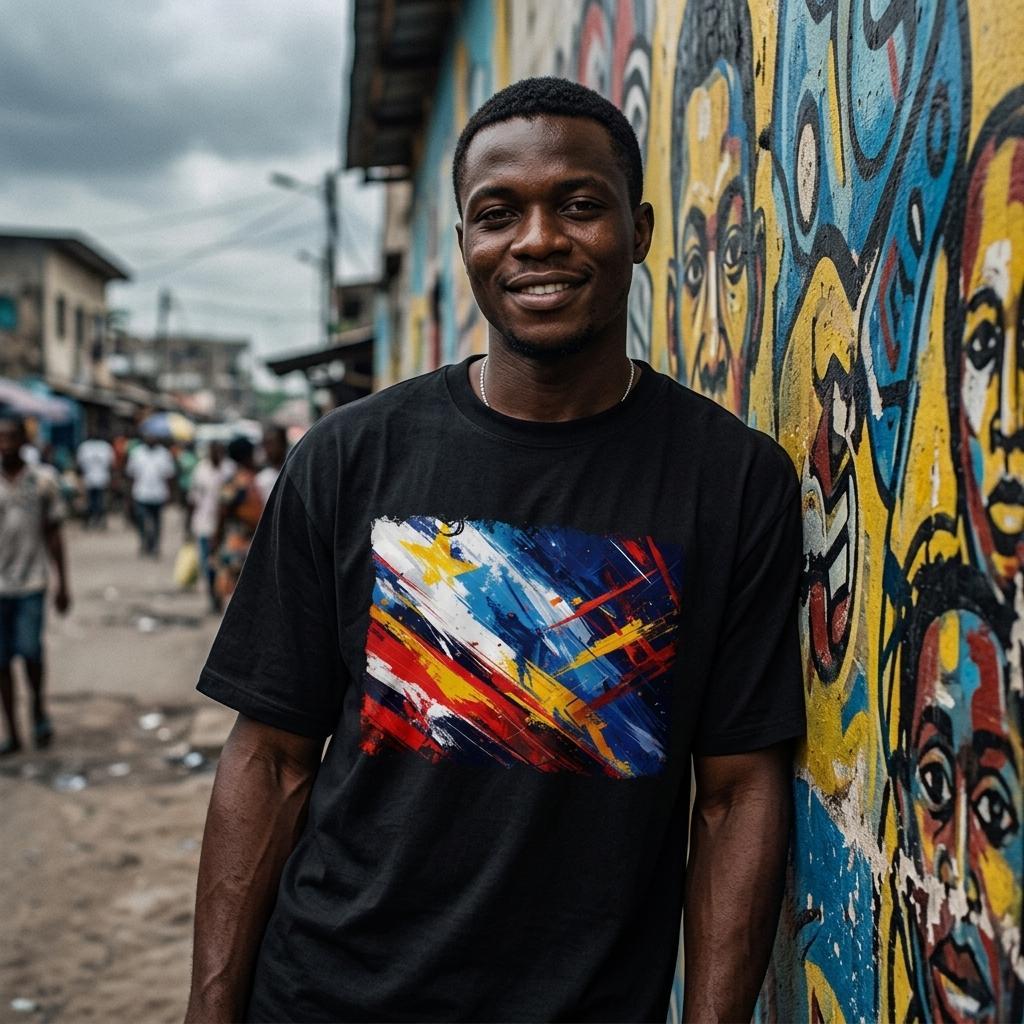 DR Congo Leapards Dark. Man wearing a black t-shirt with a colorful design, standing in front of a vibrant mural.