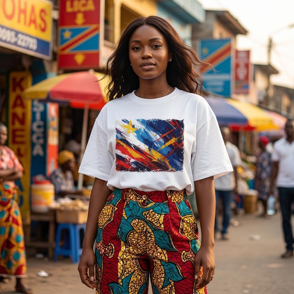 DR Congo Leapards Light. Woman wearing a colorful outfit with a street market in the background
