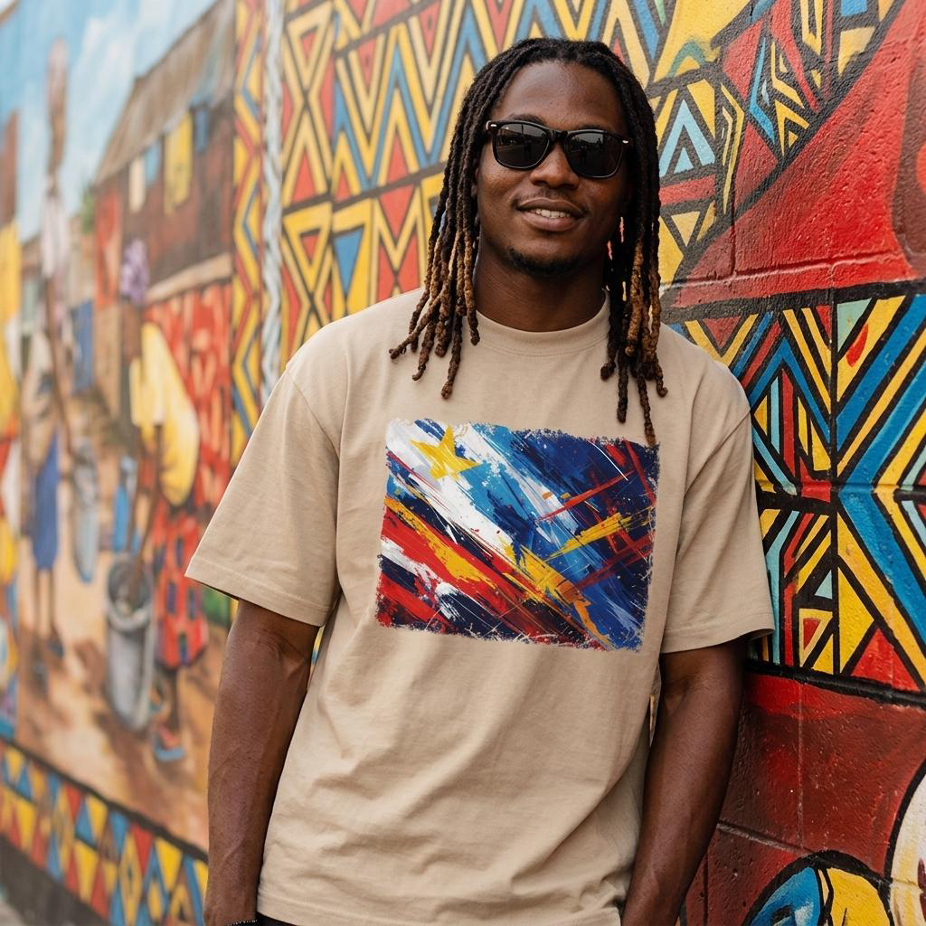 DR Congo Leapards Sand. Man wearing a beige t-shirt with a colorful abstract design in front of a vibrant mural.