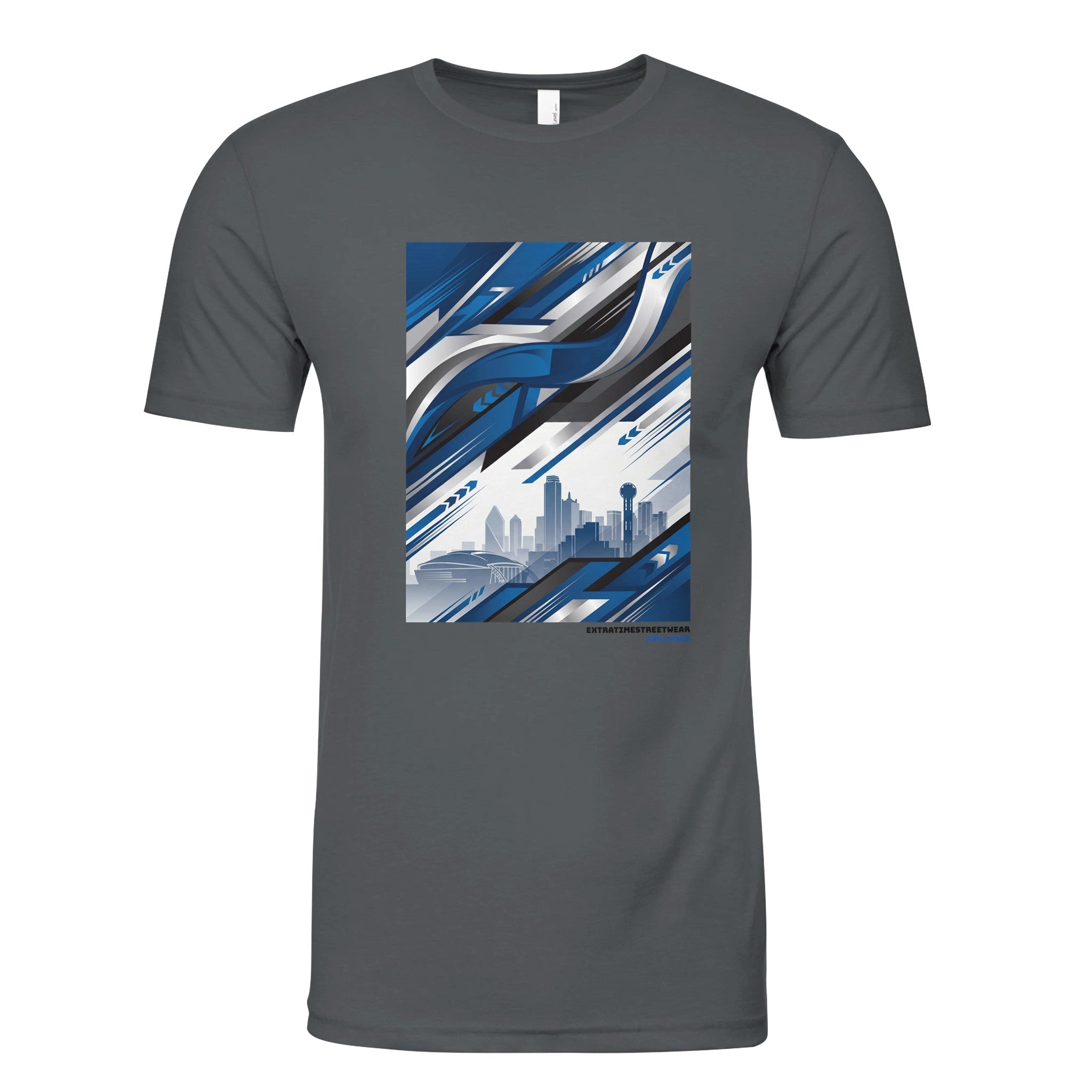 Gray t-shirt with a blue and white graphic design on a white background