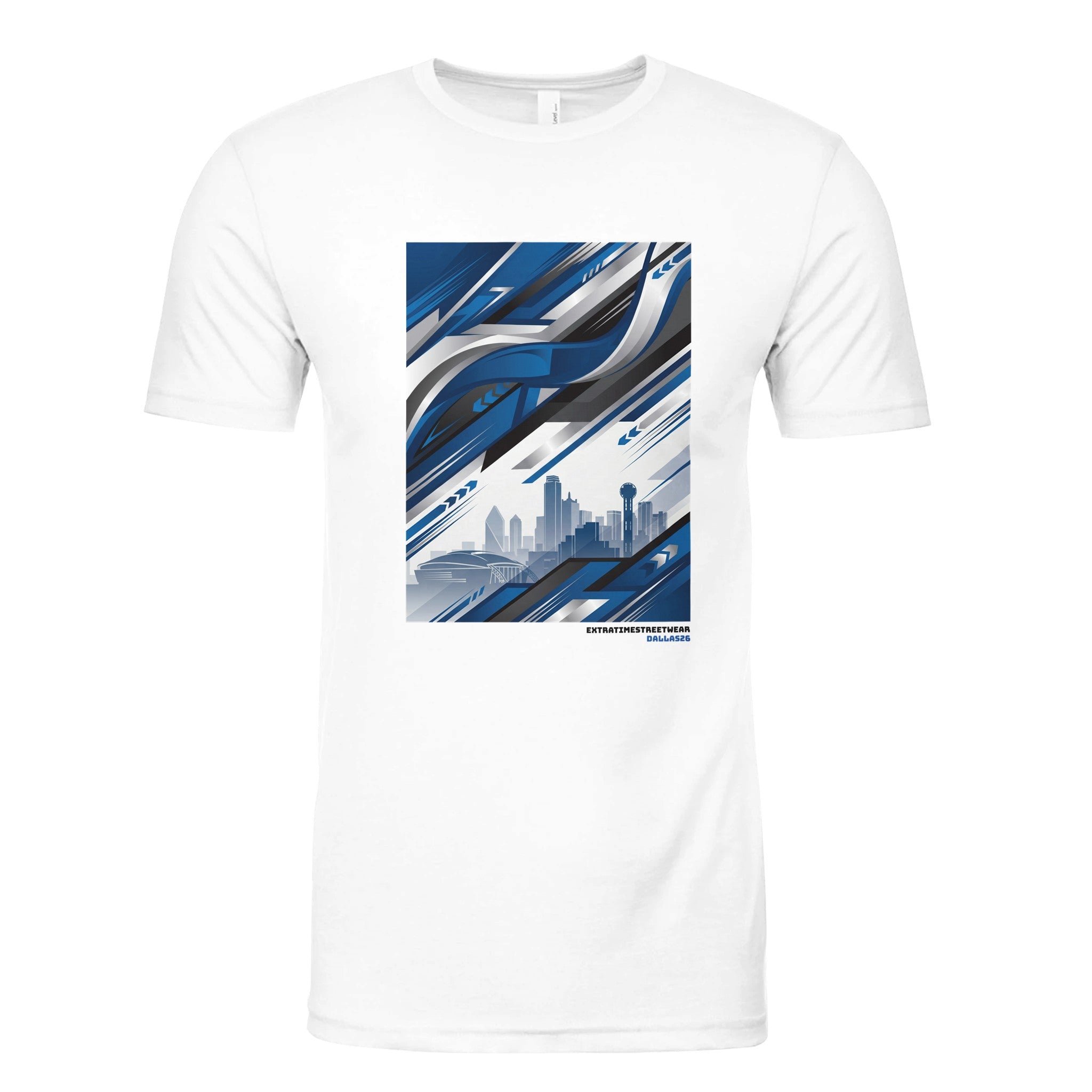White shirt with gray, blue, and white design. 