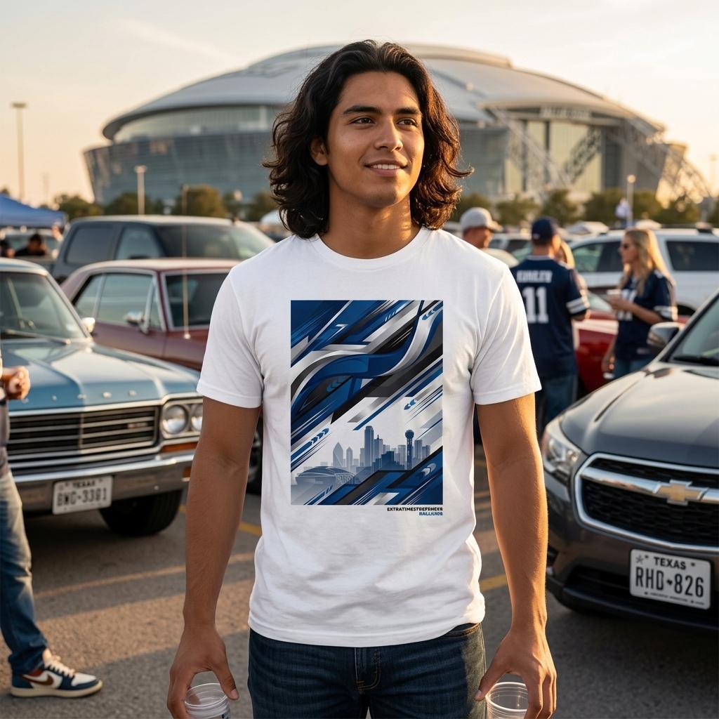 Person wearing a white t-shirt with a blue and gray graphic design, standing in a parking lot with cars and a stadium in the background.