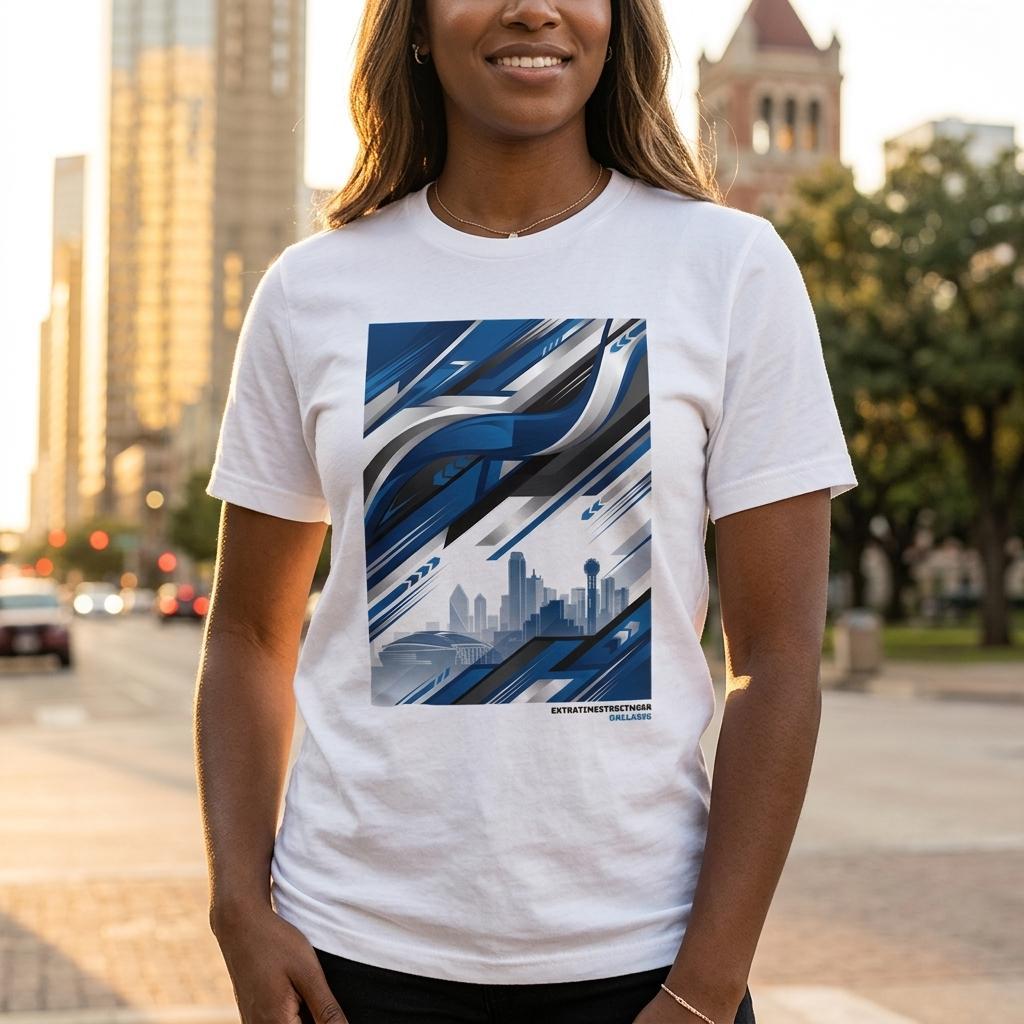 Woman wearing white shirt with design. 