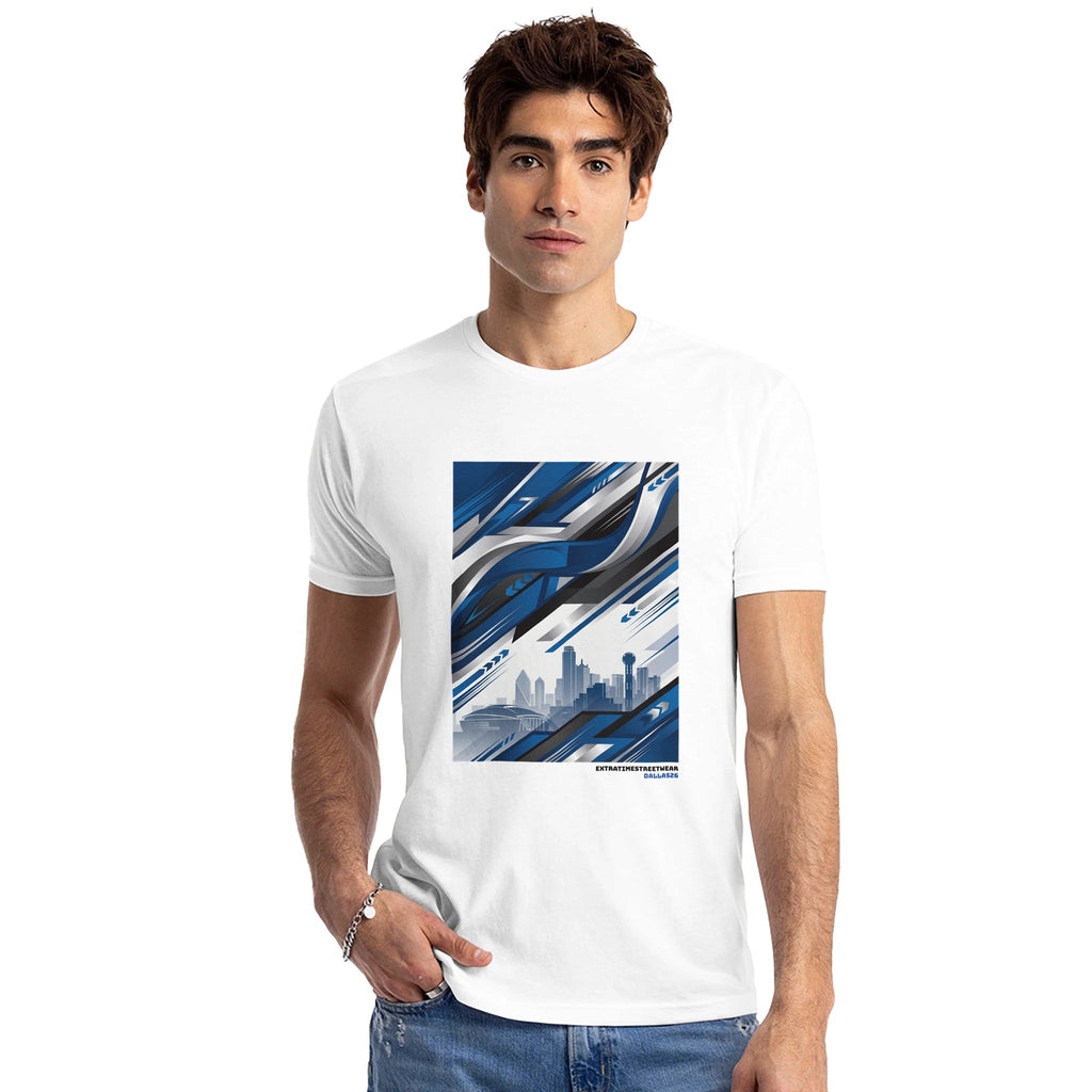 Man wearing a white t-shirt with a blue and gray abstract design on a white background