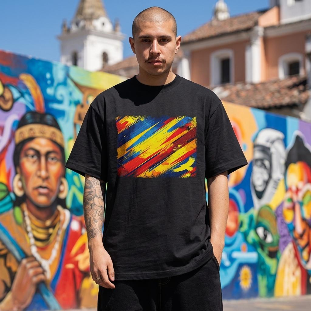 Ecuador La Tri Dark Mode. Person wearing a black t-shirt with a colorful design in front of a mural.